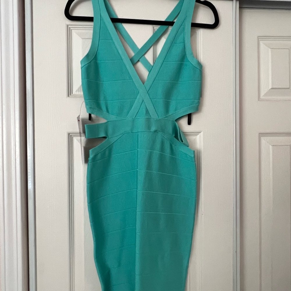 Bebe Blue Green Backless Bodycon Dress V-neck Cocktail